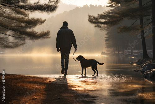 Male tourist walks with dog at lakeside © toonsteb