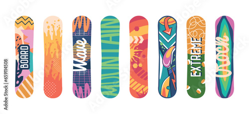 Chic And Sleek Snowboards Lined Up Isolated On White Background, Epitomizing Winter Sports Style And Adventure