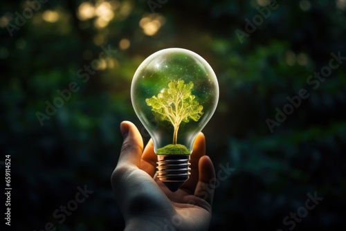 Renewable energy light bulb in forest with green energy, Earth Day or World Environment Day concept.