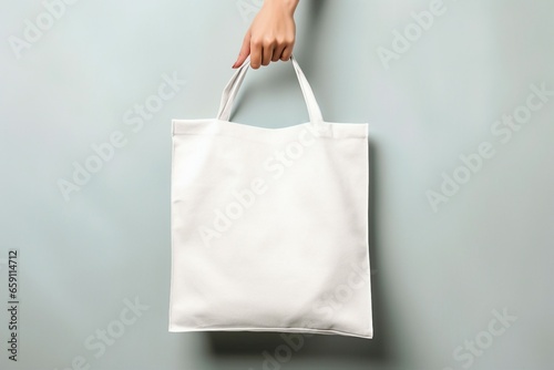 Female holding black cotton bag in her hand on white background
