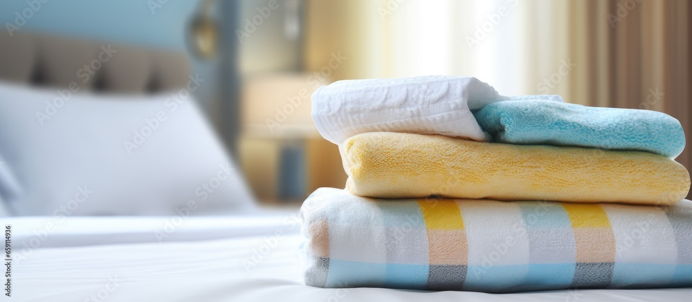 A pair of towels arranged on a bed representing hospitality A pair of towels arranged on a bed representing hospitality