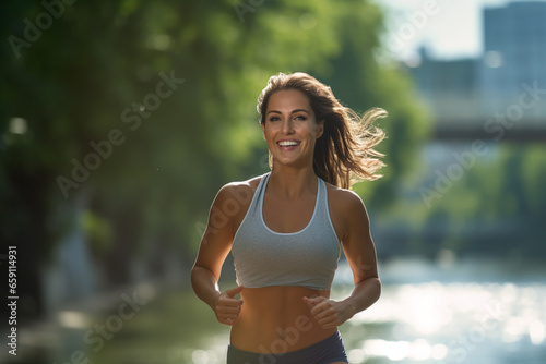 Healthy woman jogging at the riverside