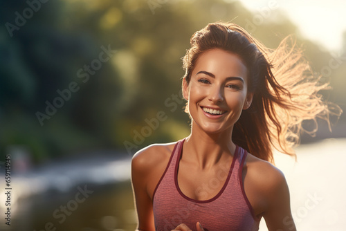 Healthy woman jogging at the riverside