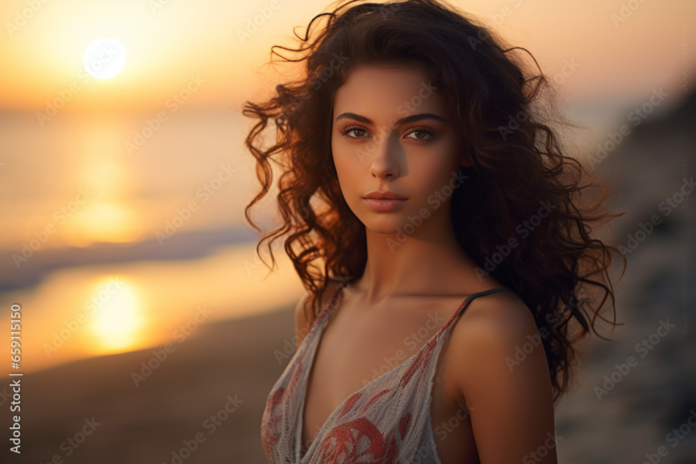 Beautiful woman standing and looking at the sky at the seaside