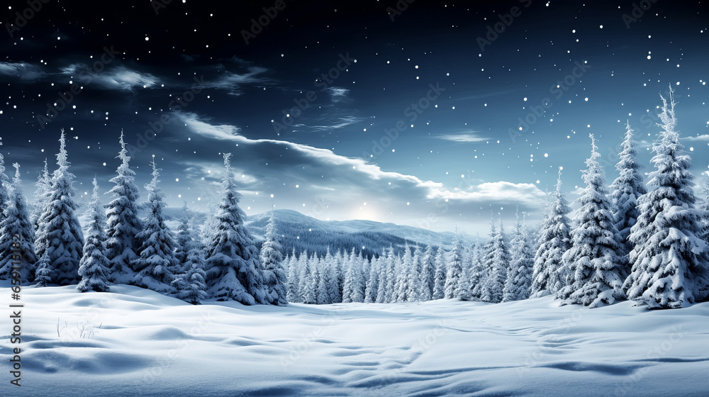 A moonlit winter landscape is captured on New Year's Eve, with a solitary figure standing in the snow.
