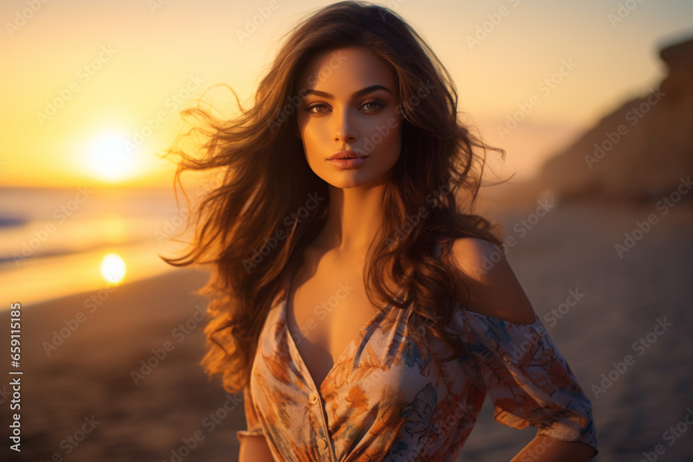 Fototapeta premium Beautiful woman standing and looking at the sky at the seaside