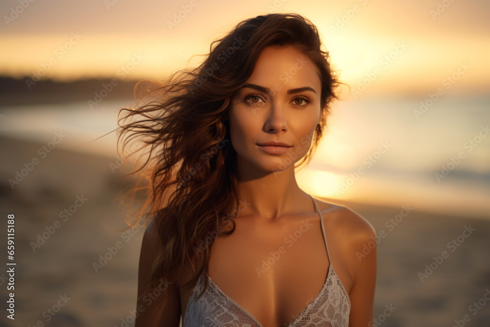 Beautiful woman standing and looking at the sky at the seaside Beautiful woman standing and looking at the sky at the seaside