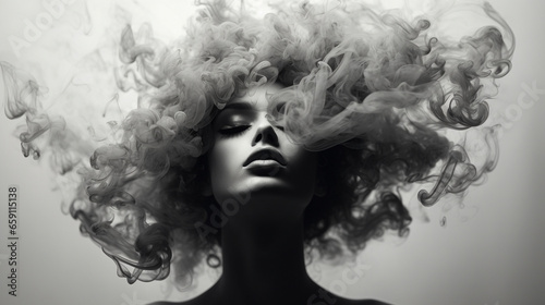 mysterious woman in smoke with beautiful hair portrait, monochrome style high fashion model