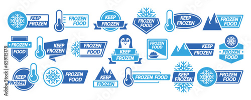 Frozen Product Label Set. Keep Frozen Badges For Packages. Frozen Food Logo, Stickers Or Tags With Snowflakes, Rocks