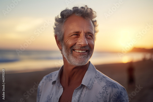 senior man standing and looking at the sky at the seaside