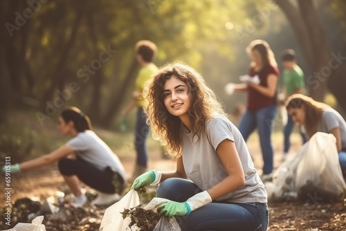 Young woman and team of volunteer worker enjoy with project cleaning up garbage and waste separation garbage at outdoor, World Environment Day concept.