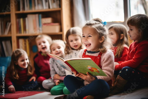 children in kindergarten at a reading lesson photo