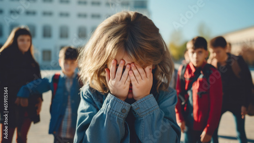 Young girl crying and covering her face outside the school, with other children and a school building blurred in the background. School bullying photo