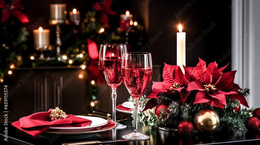 A candlelit dinner table is beautifully decorated for New Year, with a romantic ambiance and festive touch. A candlelit dinner table is beautifully decorated for New Year, with a romantic ambiance and festive touch.