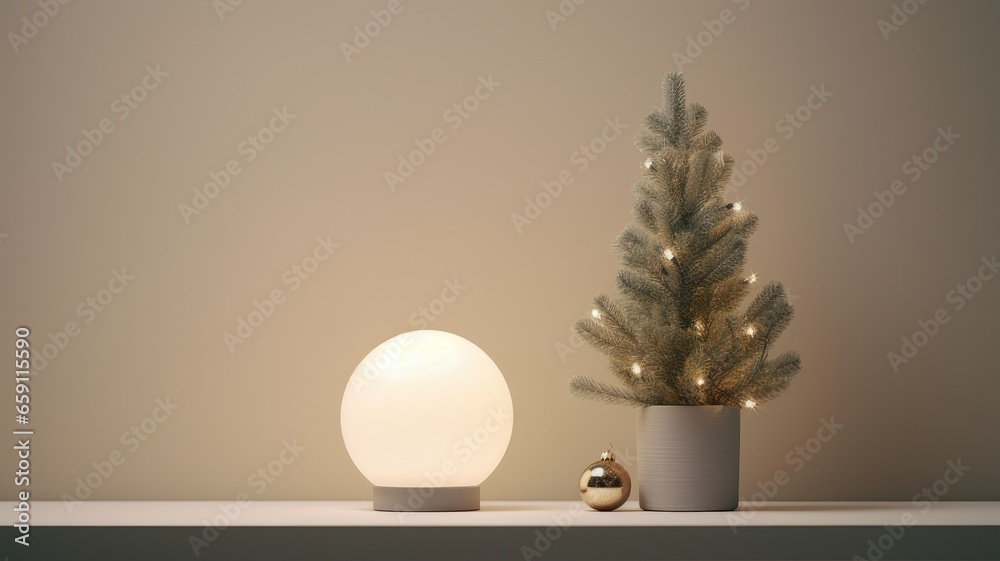 Blank Canvas for Greetings, the lamp and fir sprig against the wooden background, a large open space on the left. This blank canvas is perfect for adding personalized holiday greetings