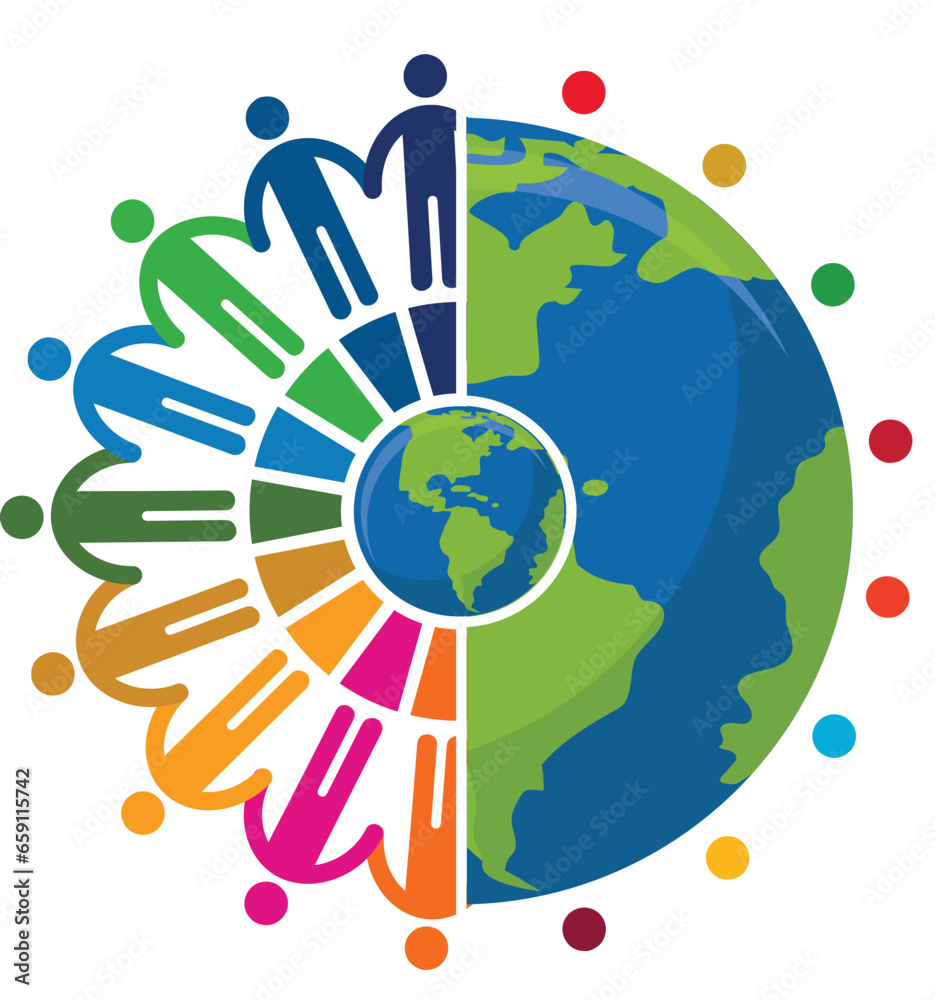 Sustainable Development creative concept vector design element. colorful wheel human chain and type.  Corporate social responsibility. Sustainable Development for a better world. Vector illustration.