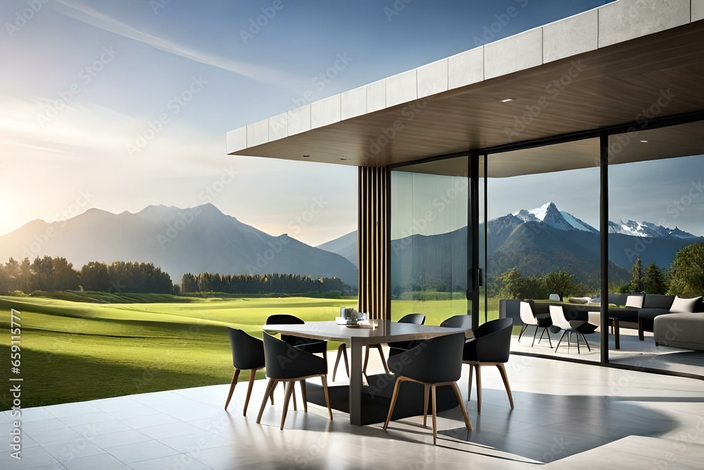 Fototapeta premium A contemporary house in a beautiful landscape with mountains in background - AI Generative
