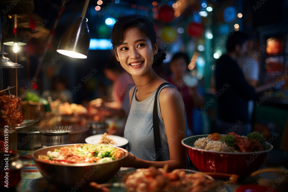 A beautiful woman eating happily at a street food market