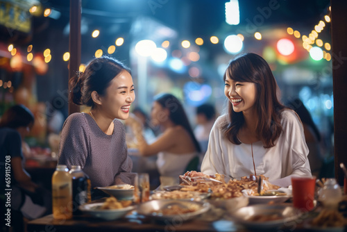 Group of young female friends eating happily at a street food market © toonsteb