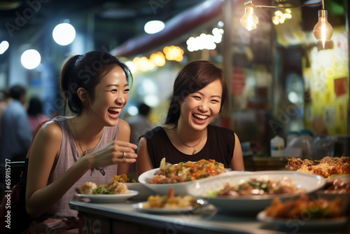 Group of young female friends eating happily at a street food market
