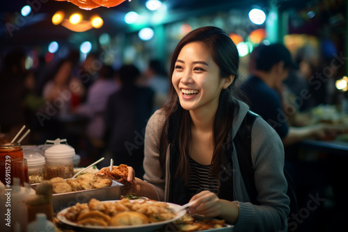 A beautiful woman eating happily at a street food market © toonsteb