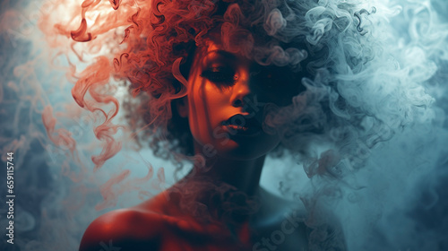 mysterious woman in smoke with beautiful hair portrait, crimson red hair blue smoke, high fashion model photo