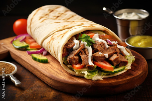Shawarma with chicken and garlic sauce on wooden board. Closeup
