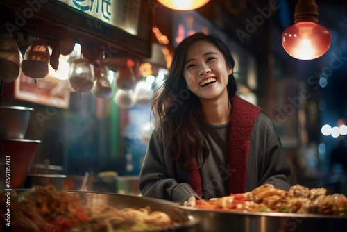 A beautiful woman eating happily at a street food market