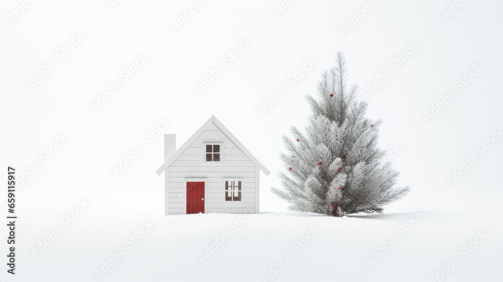 a serene scene with a Christmas decorative house placed next to a delicate fir branch on a clean white wooden background. The spacious left side is perfect for adding your personalized holiday message a serene scene with a Christmas decorative house placed next to a delicate fir branch on a clean white wooden background. The spacious left side is perfect for adding your personalized holiday message