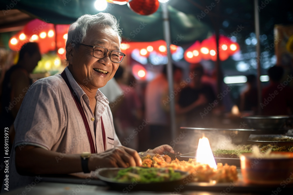 A senior man eating happily at a street food market A senior man eating happily at a street food market