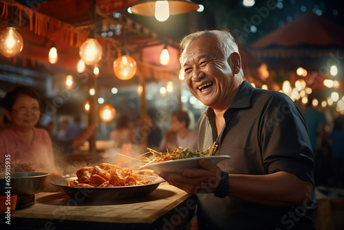 A senior man eating happily at a street food market