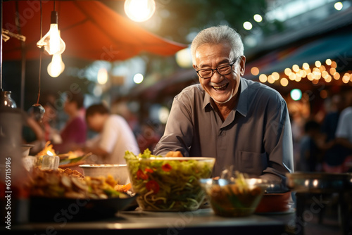 A senior man eating happily at a street food market
