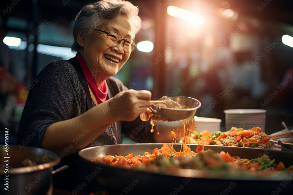 Local female chef happily cooks at street food market Local female chef happily cooks at street food market