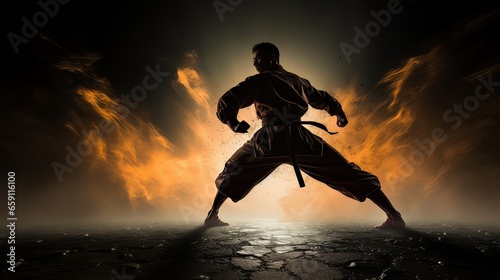 Athletic strong man on dark background. Martial arts athlete, AI