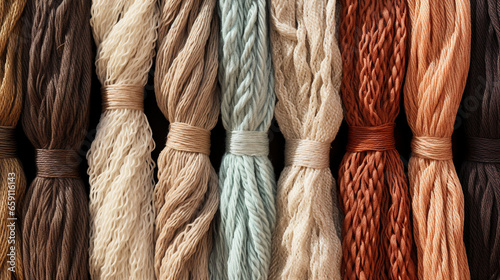 close up of different fabric ropes made from different materials and colors, home design and textile design