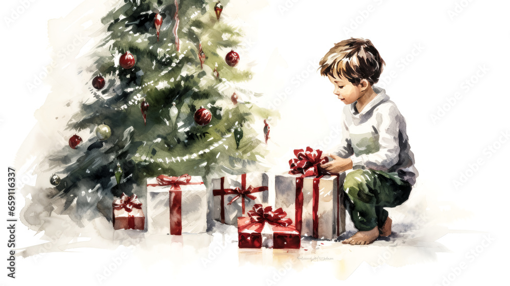 A child excitedly opens presents by the Christmas tree, surrounded by colorful wrapping paper and twinkling lights. A child excitedly opens presents by the Christmas tree, surrounded by colorful wrapping paper and twinkling lights.
