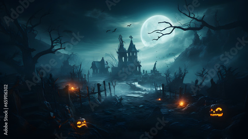 Ghostly Spectacle: Spooky Castle in Halloween Fog © darshika