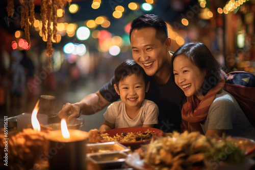 family eating Happily at the Street Food Market