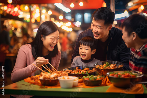 family eating Happily at the Street Food Market