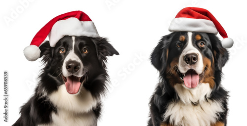 Black dogs in a Santa Claus hat set, Christmas dog isolated on transparent background - Generative AI 