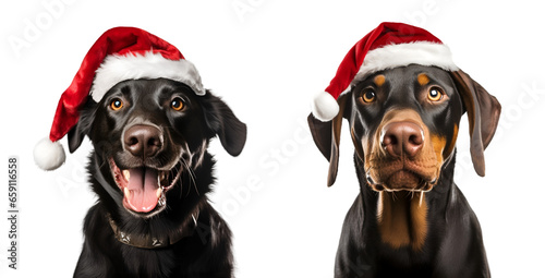 Santa Claus hat worn by a set of black dogs, Christmas dog isolated on transparent background - Generative AI 