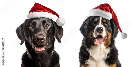  Set of black dogs, Christmas dog with Santa Claus hat isolated on transparent background - Generative AI   © Only Best PNG's