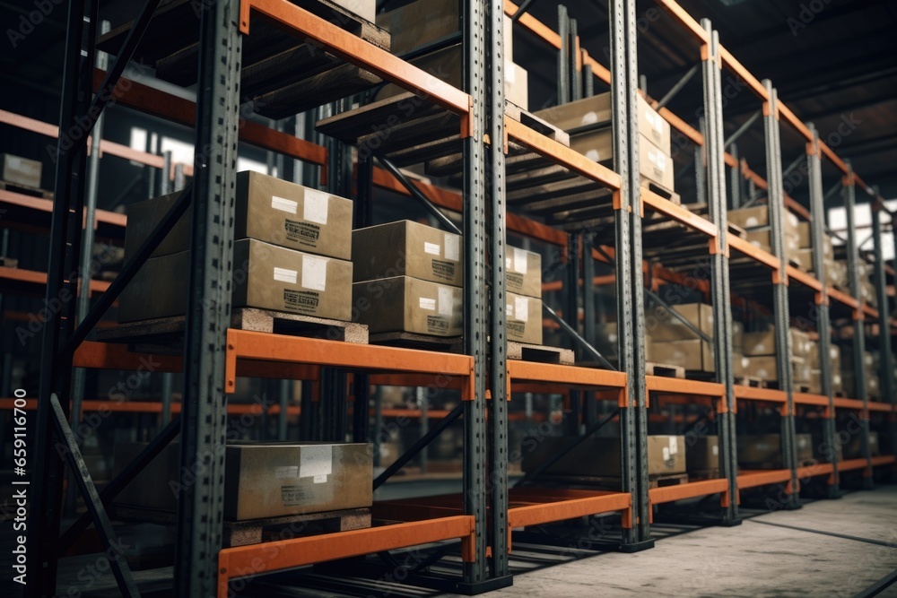 A large warehouse filled with numerous boxes. Ideal for illustrating concepts such as storage, logistics, inventory management, and distribution. Can be used in business presentations, websites, broch