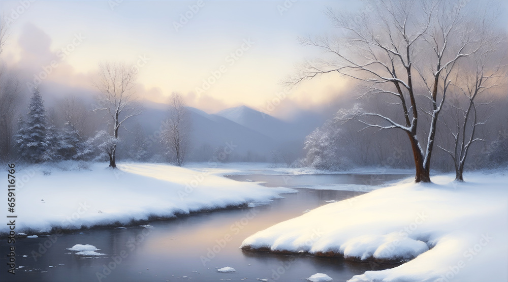 Winter landscape with snow-covered trees by the river against the backdrop of mountains during sunset in the style of oil painting Winter landscape with snow-covered trees by the river against the backdrop of mountains during sunset in the style of oil painting