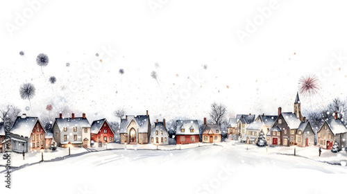 A man watches fireworks burst over a snowy village. The colorful display lights up the sky and blankets the town in a magical glow.