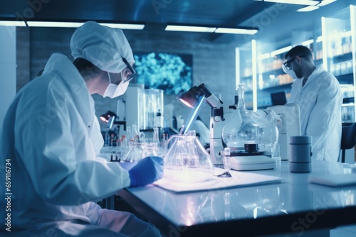 Two people in lab coats working in a laboratory. This image can be used to represent scientific research, experimentation, or collaboration in a laboratory setting.