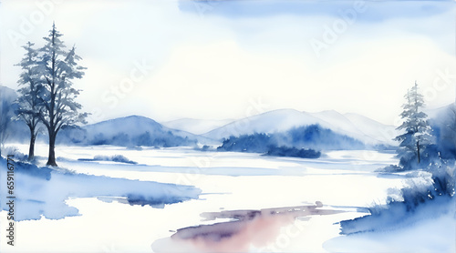 Winter landscape with snow-covered trees by the river against the backdrop of mountains in the style of watercolor painting © Volodymyr