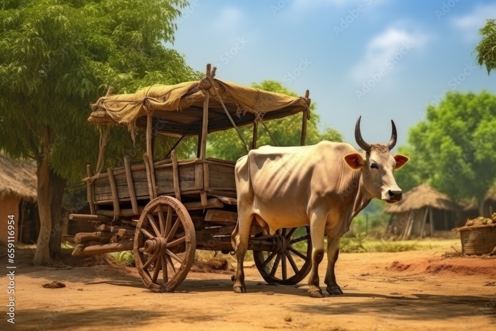 Obraz premium A white cow stands next to a wooden cart. This image can be used to depict rural life or farming scenes.
