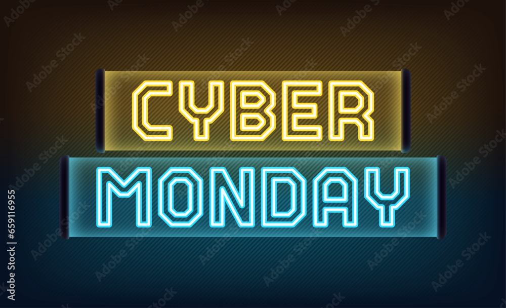 Neon Cyber Monday banner design. Outline yellow blue neon text Cyber Monday on translucent signboard. Text title template for animation, digital ad and social media banners. Vector illustration Neon Cyber Monday banner design. Outline yellow blue neon text Cyber Monday on translucent signboard. Text title template for animation, digital ad and social media banners. Vector illustration