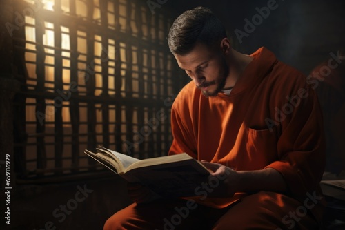 A man is sitting down and engrossed in reading a book. This image can be used to depict leisure, education, or relaxation. photo